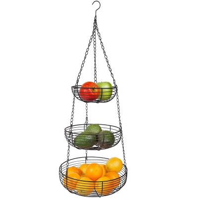 China Stocked Metal Black 3-tier Hanging Fruit Produce Basket for Home Intuition with 2 Ceiling Hooks Heavy Duty for sale