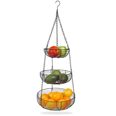 China Stocked Black Round 3-Tier Metal Hanging Wire Basket For Fruit for sale