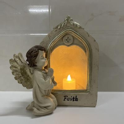 China Europe Resin Cherub Angel Statue Candle Holder Praying Angel Wing Sculpture With Candle for sale