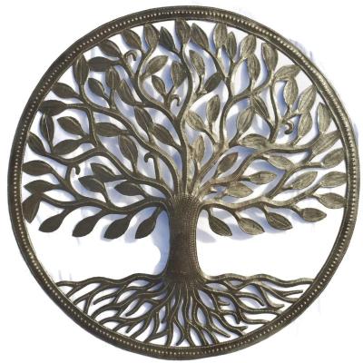 China Minimalist 23 Inch Round Metal Sculpture Handmade in Haiti from Recycled Steel Barrels Organic Tree of Life Decorative Wall Hanging Artwork for sale