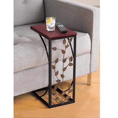 China Adjustable (height) Black Small Metal Side Table Brown Wood Top With Leaf Design  Sofa Side End Table  for Living Room Slides Up To Sofa for sale