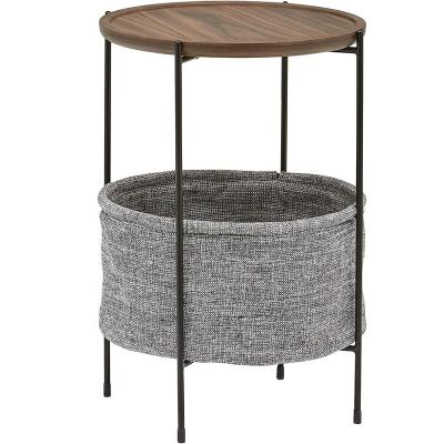 China Adjustable (height) 24inches Black Iron End Table Rivet Meeks Round Side Table with Fabric Storage Basket Walnut Grey for sale