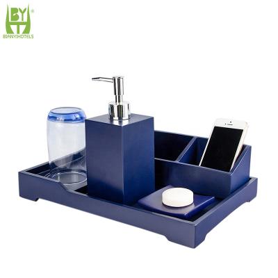 China Durable Smooth Dark Blue Hotel Bathroom Accessories Consumable Storage Set With Drawer Resin Hotel Bathroom Set for sale