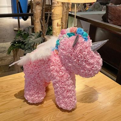 China Green environmental protection artificial flower birthday 40cm custom preserved flower rose unicorn bear girlfriend gifts for sale