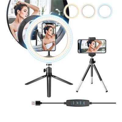 China 360 Degree Roating Mobile Phone Holder Stand Light Dimmable USB LED Ring Light With Tripod 10 Inch Makeup Selfie Fill Lamp Video Stand for sale