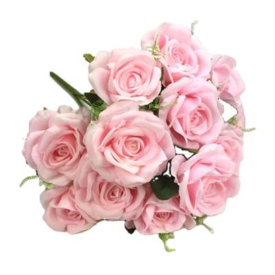 China Wholesale green environmental protection home decoration silk artificial flowers 12 heads rose bouquet for sale