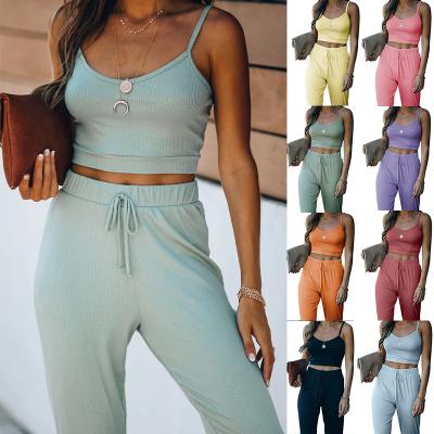 China Fashion Breathable Summer Teams Women Clothes Leisure Home Solid Color Shorts Sling Pants Sports Suits 2 Piece Pants Set for sale