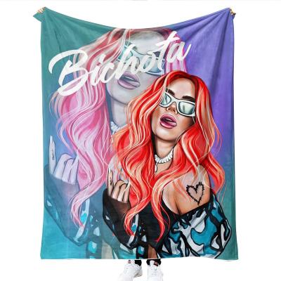 China 2023 Newest Custom Design Cartoon Polyester Karol G Sublimation Fleece Travel Throw Anti-Static Painting Blankets for sale