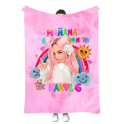 China Anti-static Hot Sale Fashion Printed Cartoon Karol G Logo Polyester Sublimation Fleece Custom Travel Throw Blanket for sale