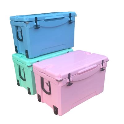 China Food grade LLDPE material 70L PU material 70L waterproof plastic rotomolded large ice cooler box with wheels for sale