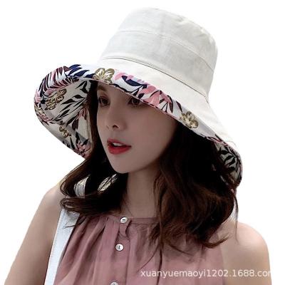 China Large Brim Fisherman Hat Japanese Casual Foldable Sun Hat Double-sided Printing Female Summer Cotton And Canvas Hat for sale