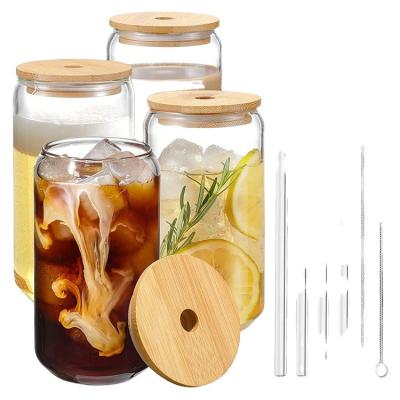 China Na Hot Selling 16 Ounce Cans Shaped Beer Mugs Iced Coffee Drinking Glass With Hat Straw Juice Drinks Bamboo Drinking Glass for sale