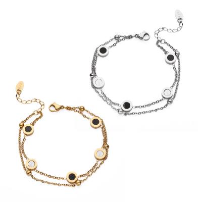 China 2023 hot sale FASHIONABLE double layered shell bracelet stainless steel black and white beads gold filled initial layered shell bracelet for sale