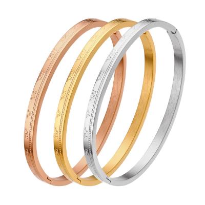 China Nickel Free New Rose Gold Silver 4MM Stainless Steel Bangle Carving Roman Numeral Lover Cuff Bangle Jewelry for sale