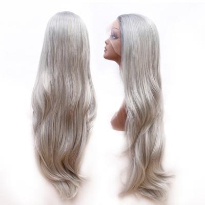 China Silky Straight Wave 33 inch silky straight hand crochet synthetic wigs light grey transparent Swiss lace front wigs for sale