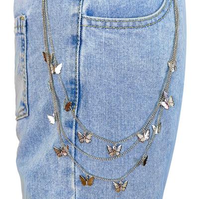 China Multilayer Metal Women Body Chain Butterfly Jean Chain Silver Gold Plating Butterfly Pants Chain for sale