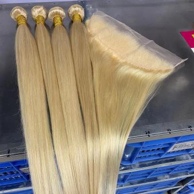 China Silky Straight Wave Wholesale 613 Blonde Hair Weave Bundles Brazilian Virgin Hair 613 Bundles With Ear To Ear Lace Front for sale