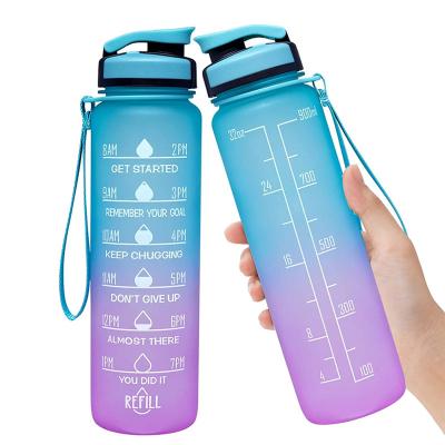 China Amazon Viable Hot Sale Tritan Sports Plastic 32oz Water Bottle With Rope Time Marker Infuser Water Bottle for sale