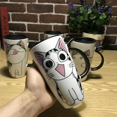 China Promotion Gifts 600ml Creative Viable Cartoon Cat Travel Coffee Cup Ceramic Mug With Sealing Lid And Straw for sale