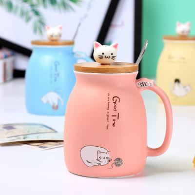 China Viable Ceramic Coffee Cat Mug With Bamboo Lid From Cartoon Design16oz And Spoon for sale