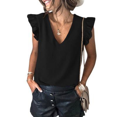 China Summer New Women's Anti-Wrinkle Solid Color V-Neck Ruffle Casual Blouse Pullover Sleeveless T-shirt Tops for sale