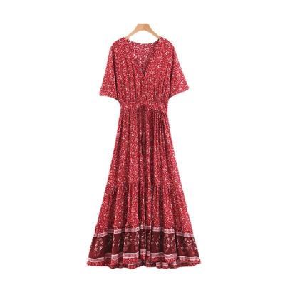 China New Design Floral Printing V-Neckline Ladies Dress Summer Boho Breathable Tassel Long Dress Fashion Floral Dress for sale