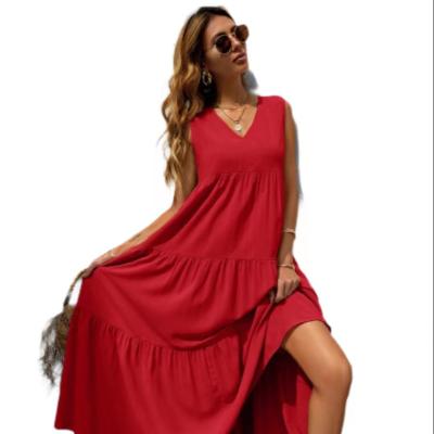 China Breathable In Color New Fashion Summer Casual Dress Mid Length Quilted Loose Women V Neck Sleeveless Solid Running Neck Maxis for sale