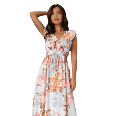 China Vintage Floral Print Long Beach V-Neck Dress Breathable Hot Selling Vacation Long Style Temperament Small Fresh Dress for sale