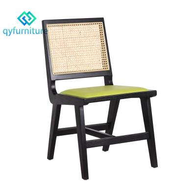 China Durable Seat Restaurant Furniture Leather Wood Frame Dining Chairs With Rattan Back for sale