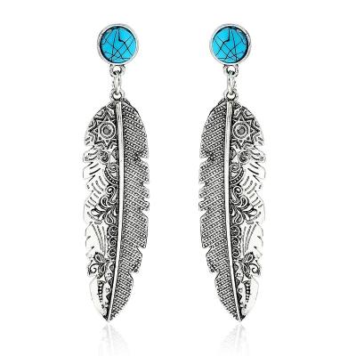 China TRENDY Jewelry Vintage Fashion Long Drop Leaf Cut Out Boho Feather Blue Earrings For Women for sale