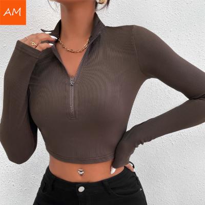 China Placket Pure Crop Ribbed Pure Crop Half Zip Collar Color Sleeve Ladies Breathable Thin Customized Slim Fit T-Shirt Long for sale