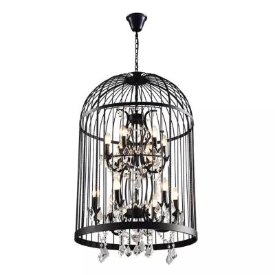 China Retro Antique Vintage Pendant Lamp Cage Shed Iron Top Modern Rustic Modern Staircase Luxury Big Large Drop Birdcage Crystal Chandelier for sale