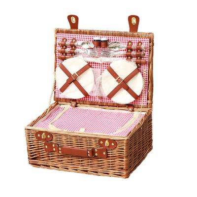 China Viable Wooden Willow Cooler Storage Picnic Basket Wicker Top Table Around Cane Wine Picnic Basket With Wooden Lid for sale