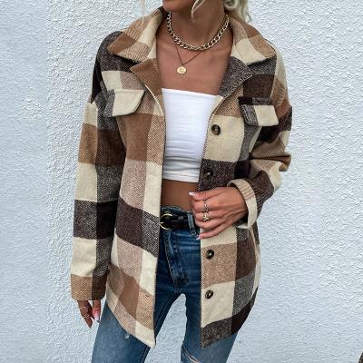 China 2021 New Arrival Winter Women Shirts Breathable Plaid Pattern Flap Pocket Drop Shoulder Overcoat for sale