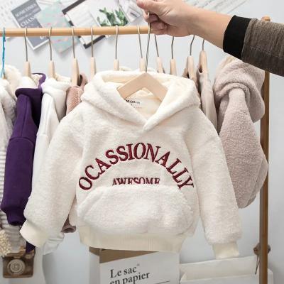 China Anti-wrinkle Sweater Like Cashmere Teddy Hoodie 2021 Winter Toddler Girls Sweatshirt Letter Embroidery Pocket Hoodie for sale