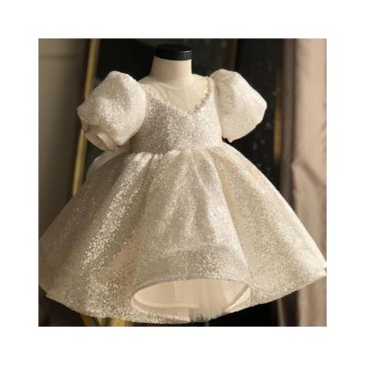 China Hot Selling Sequin Product Solid Color Lovely Girl Round Neck Pleated Princess Dress Children Dress for sale