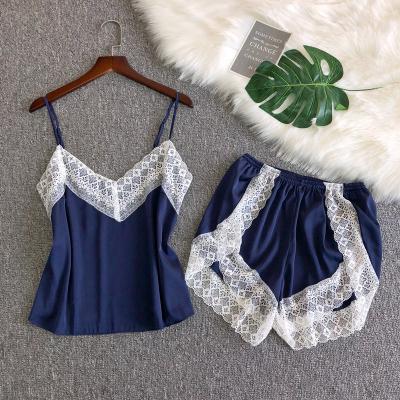 China Breathable Custom Two Piece Lace Up Satin Silk Pajama Set Women Tops And Shorts Sleepwear Pajamas for sale