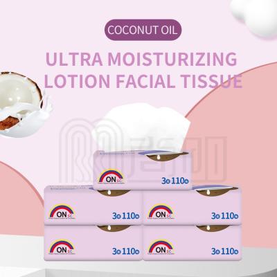 China Non-Fluorescent 100% Virgin Wood Pulp Ultra Soft Soothing Lotion Facial Tissues With Coconut Oil 3 Wipes Moisturizing Lotion Paper Toilet Paper for sale