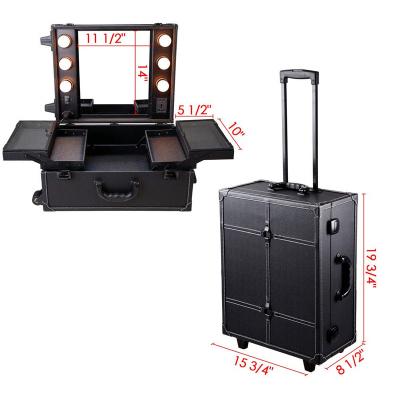 China Madame Rolling Makeup Case with Mirror Light Workstation Storage Luggage Travel Expandable Tray Wheel Cosmetic Studio for sale