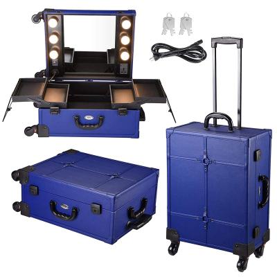 China Lady Blue Rolling Makeup Case With Mirror Light Cosmetic Workstation Tray Wheel For Storage Luggage Expandable for sale