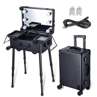 China Easily Establish A Professional Rolling Makeup Room Anywhere Anytime Makeup Case With Travel Handheld Cosmetic Adjustable Leg Luggage Mirror Light 20inch Expandable Storage Tray for sale