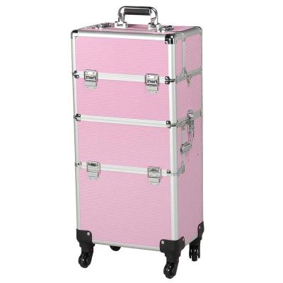 China Lady 2 in 1 Aluminum Rolling Cosmetic Organizer Case Large Makeup Case Extra Large Train Case Trolley Case for sale