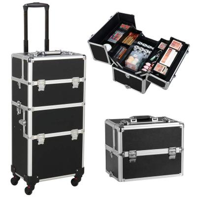 China Lady 2 in 1 Travel Aluminum Case Large Cosmetic Rolling Case Cosmetic Rolling Beauty Cosmetic Storage Trolley for sale