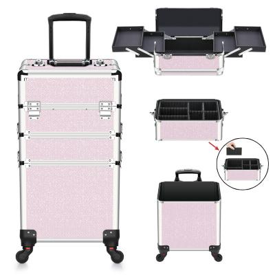 China Lady 3 in 1 Cosmetic Case Aluminum Professional Rolling Beauty Storage with Folding Trays and Large Compartments for sale