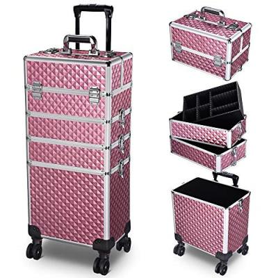 China 4in1 Lady Cosmetic Makeup Case Trolley Makeup Nail Artist Travel Train Case Lockable Rolling Organizer Box for sale