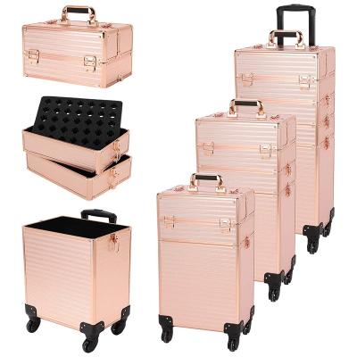 China Lady Beauty Case Trolley Makeup Rolling Case, Qivange 4 in 1 Professional Aluminum Makeup Trolley Case for Artists Beautician Travel for sale