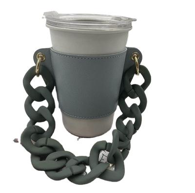 China Recyclable Coffee Cup Sleeve With Milk Cup Holder Coffee Chain Reusable Leather Sleeve With Chain Holder Perfect For Coffee Hot Drink for sale