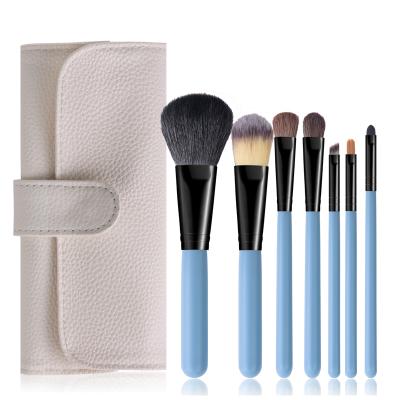 China Angular Blush 7PCS Goat Hair Makeup Brush Set Blue Wooden Handle Private Label Makeup Brush Sets With White Bag for sale