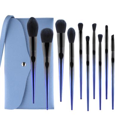 China Angular 10pcs Makeup Brush Set Custom Makeup Bag Blush and Black Blue Brushes and Blue Handle Makeup Brushes for sale