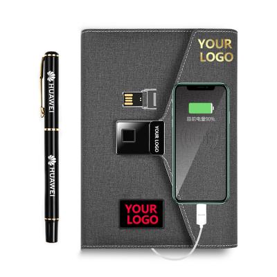 China Custom Loose-leaf Light UP Logo 8000mAh Diary USB Reader PU Leather Power Bank Wireless Charging Flash Notebook for sale